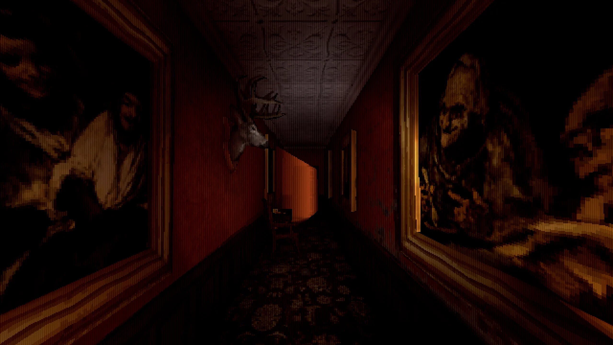 A portrait-lined corridor lit by a single lamp