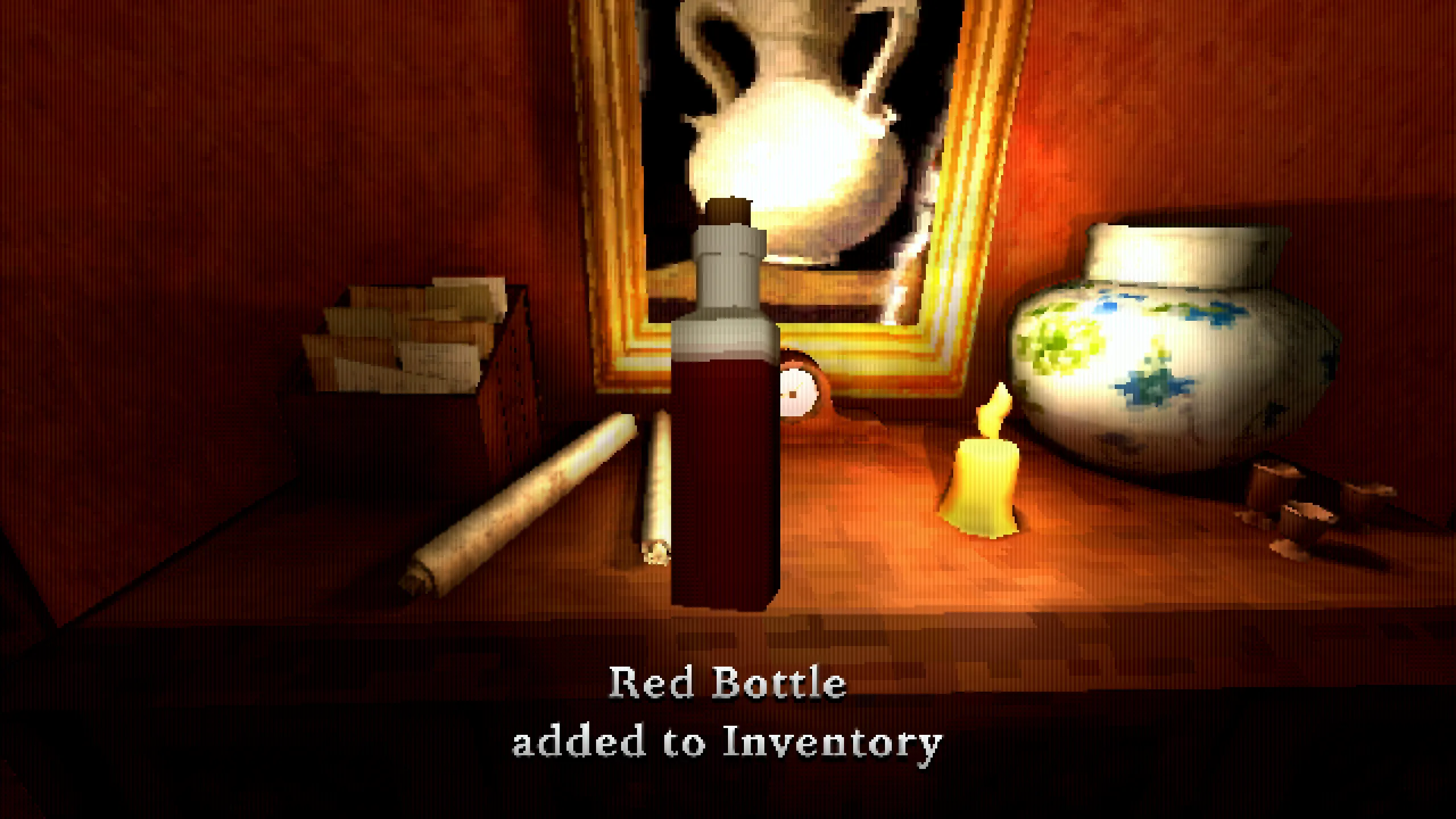A red bottle picked up from a side table
