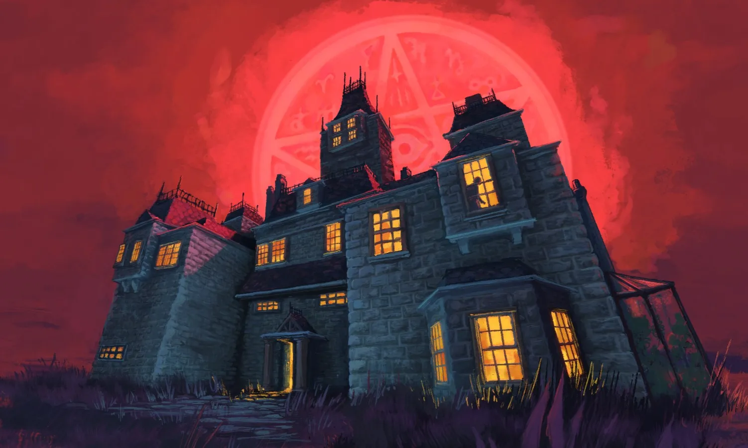 The Tartarus Key mansion at night beneath a blood-red moon marked with a sigil