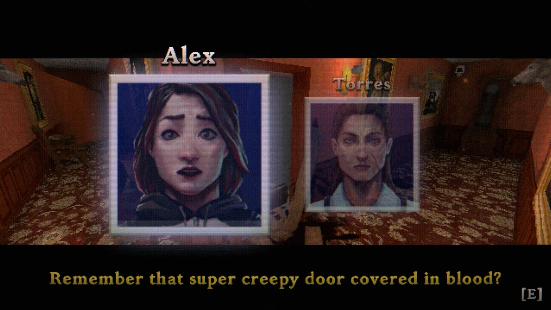 Alex and Torres talking in a lamplit hallway of the mansion