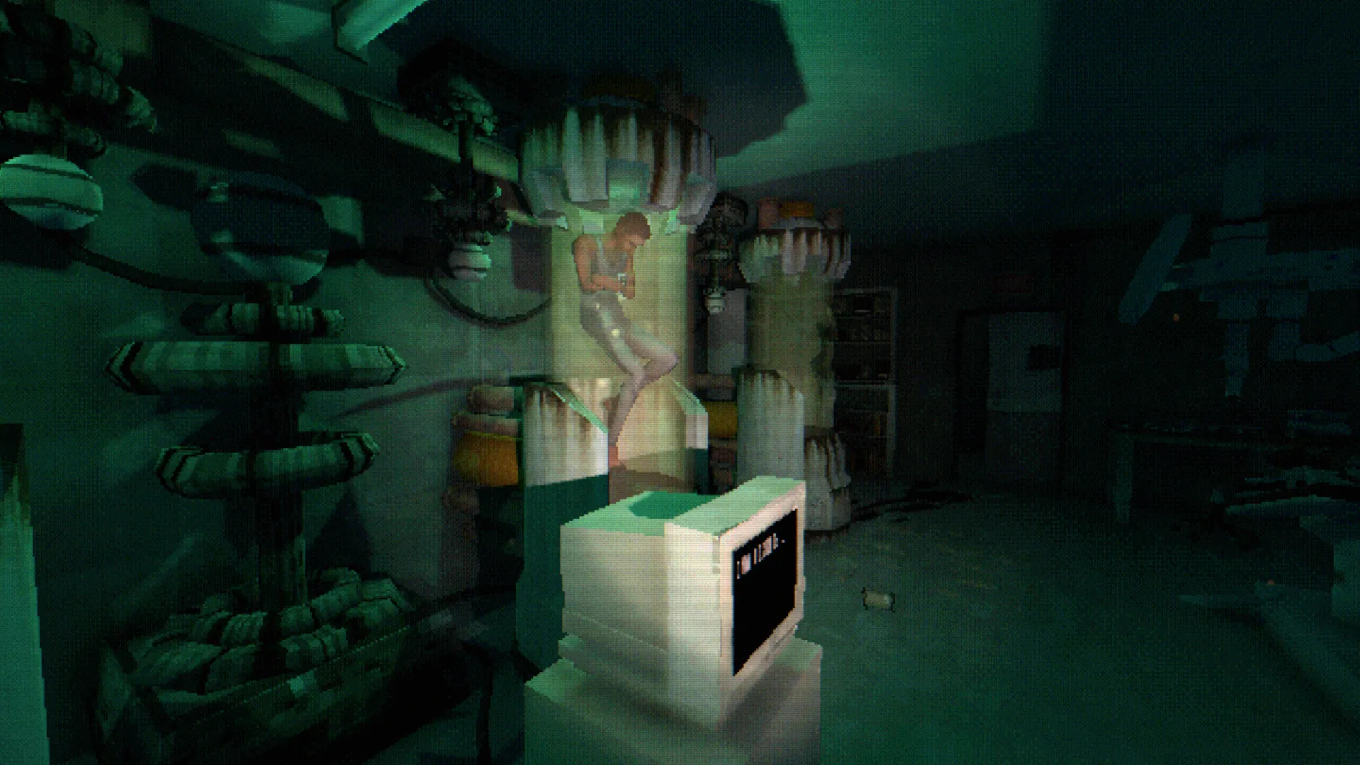 A green-lit laboratory holding a strange machine