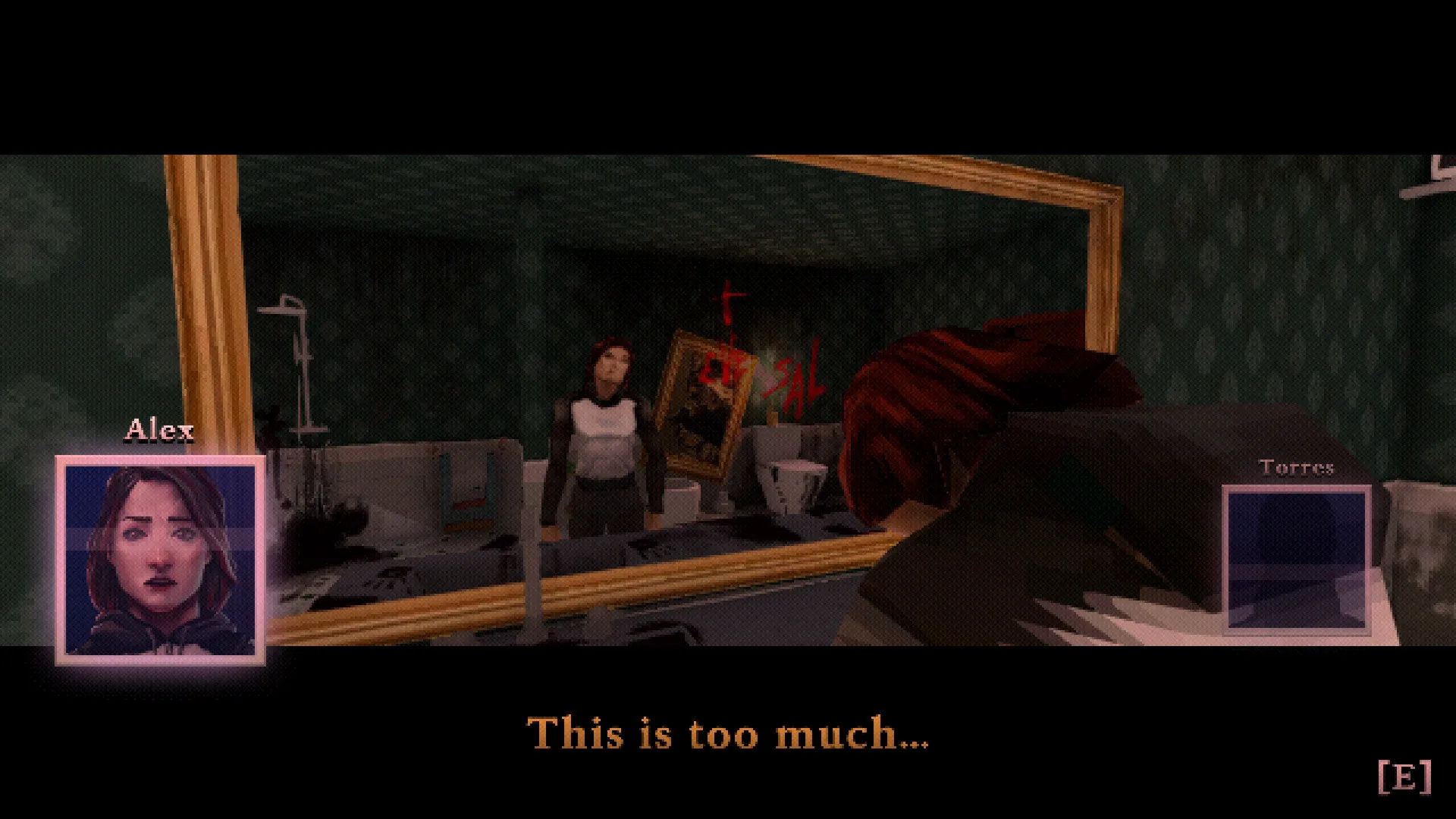 Alex facing a mirror in a ransacked bedroom
