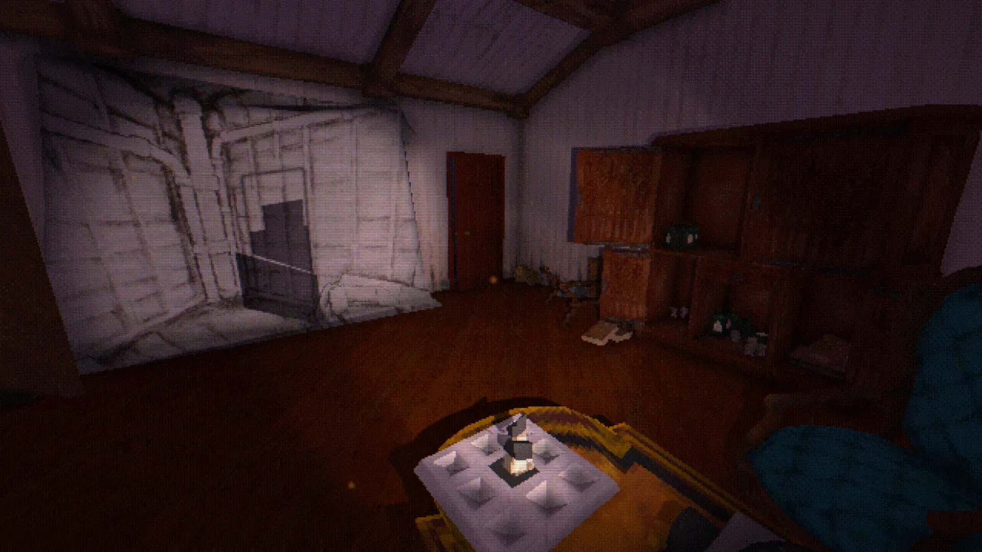 An attic room with a slide projected across the wall