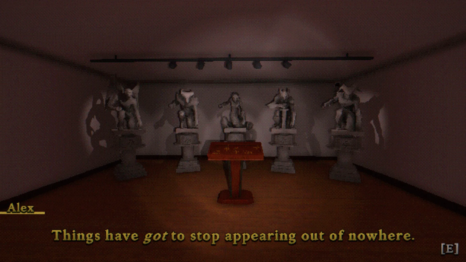 A hall of stone gargoyle statues around a lectern