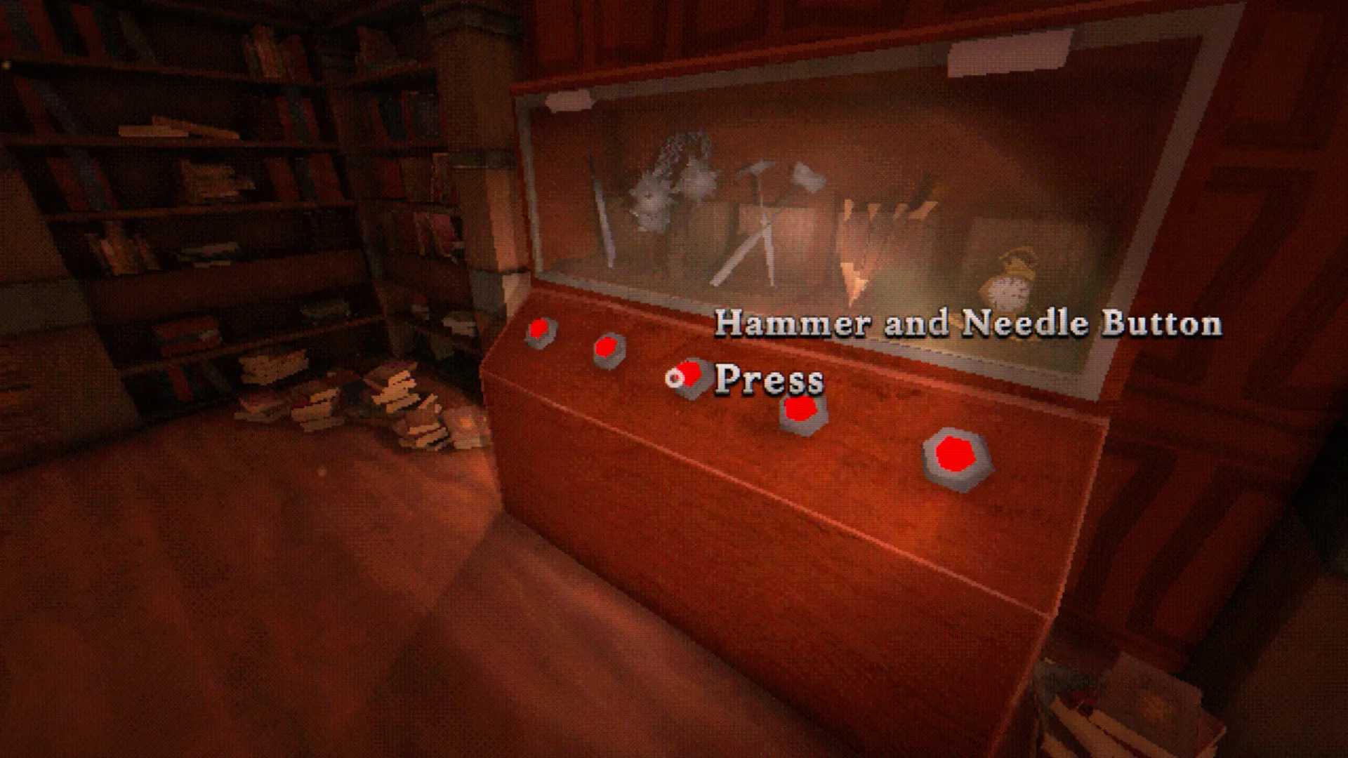 A display case puzzle with coloured buttons along its front
