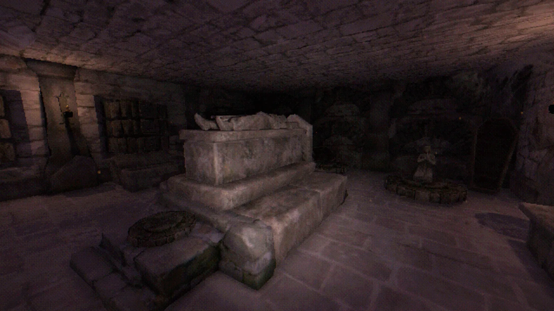 A stone crypt holding a carved sarcophagus
